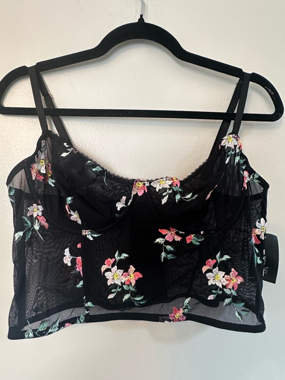 INC International Concepts Black Floral Embroidered Mesh Bralette Lingerie XL